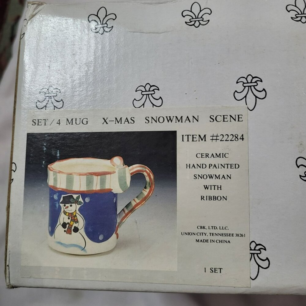 Vintage CBK Ceramic Snowman Mugs Set Of 4 With Ribbon Accents